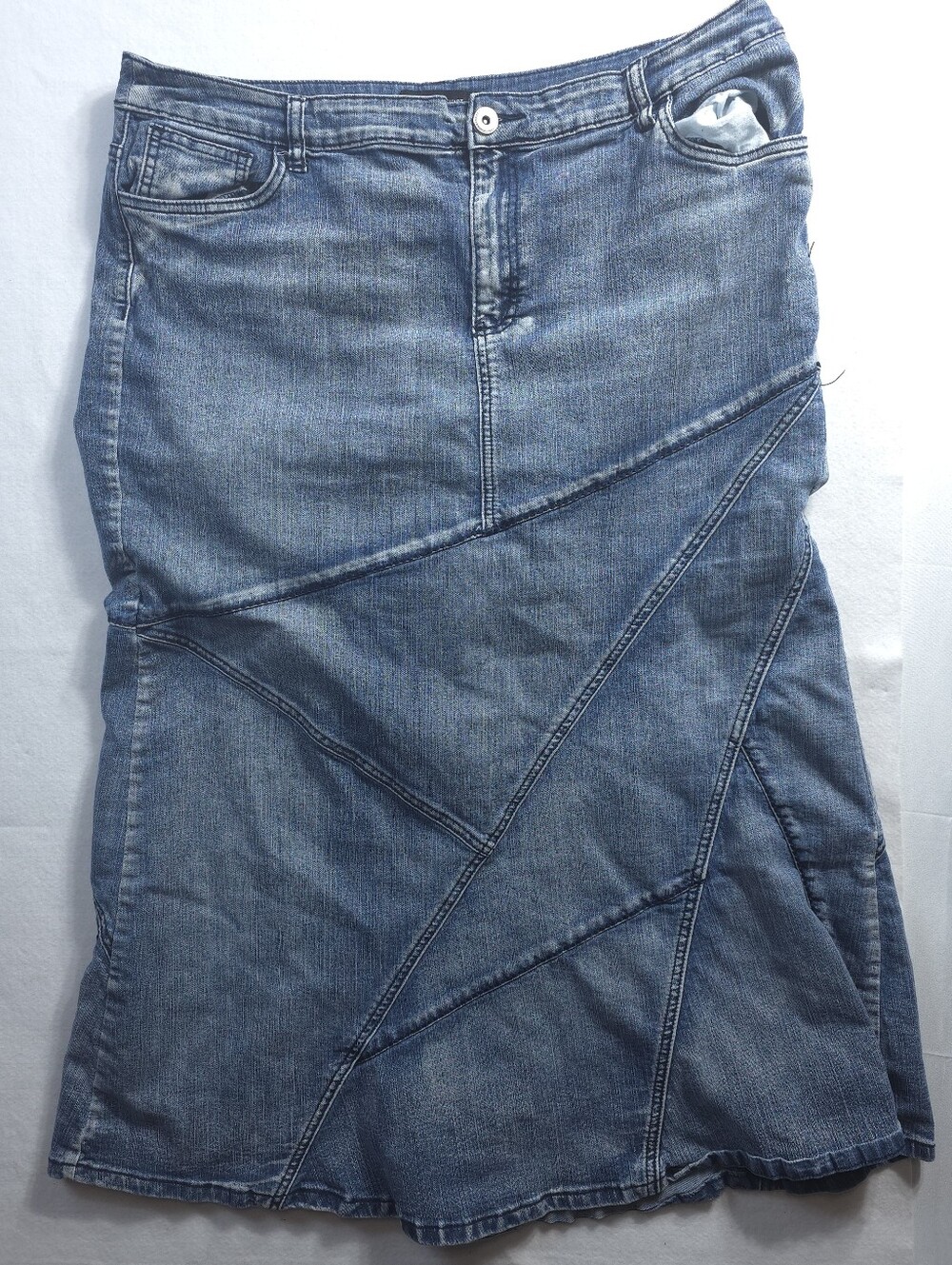 Ashley Stewart Womens 20W Denim Patchwork Maxi Skirt Blue Stretch Mermaid
